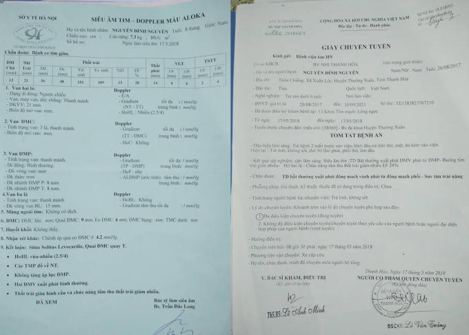 Giấy chuyển tuyến của Bệnh viện Nhi tỉnh Thanh Hóa và giấy siêu âm của Bệnh viện Tim Hà Nội.