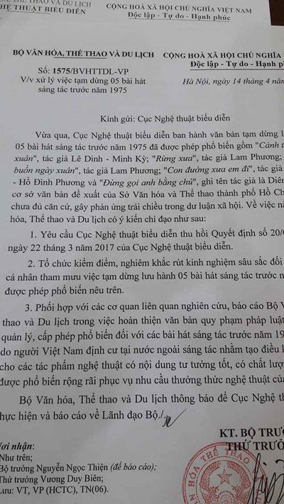 Bộ VH, TT&amp;DL gửi Cục Nghệ thuật Biểu diễn yêu cầu thu hồi quyết định tạm dừng lưu hành 5 bài hát sáng tác trước 1975.