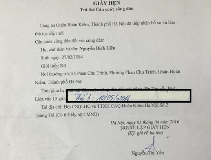 Tờ giấy hẹn bị tố là đã bị sửa chữa để lùi ngày công dân đến nhận thẻ căn cước. Nguồn: Chu Mi/Otofun.