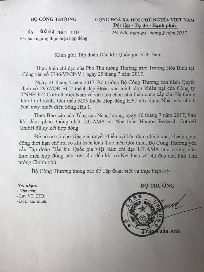 Văn bản chỉ đạo từ Bộ Công thương.