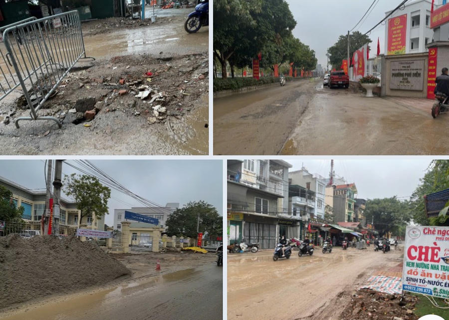 Trước cổng Trạm Y tế phường Phú Diễn, tình trạng ngổn ngang vật liệu xây dựng, trời mưa bùn lầy lội nhếch nhác...