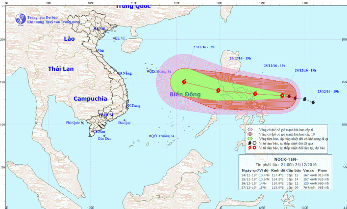 Dự báo hướng đi của cơn bão Nock-ten. Ảnh: nchmf.gov.vn