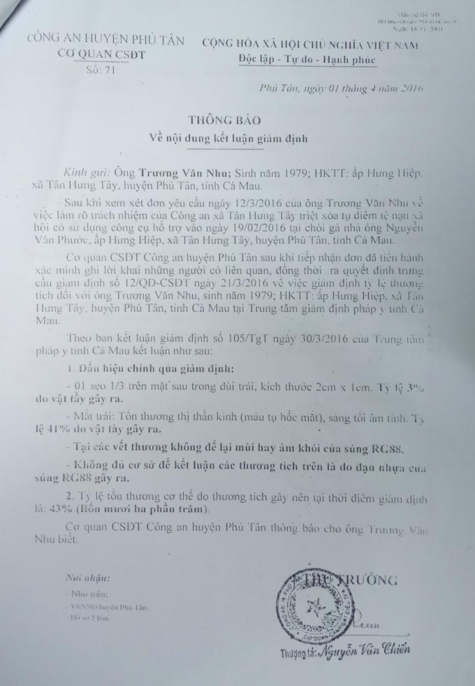 Thông báo kết luận giám định của Công an huyện Phú Tân.