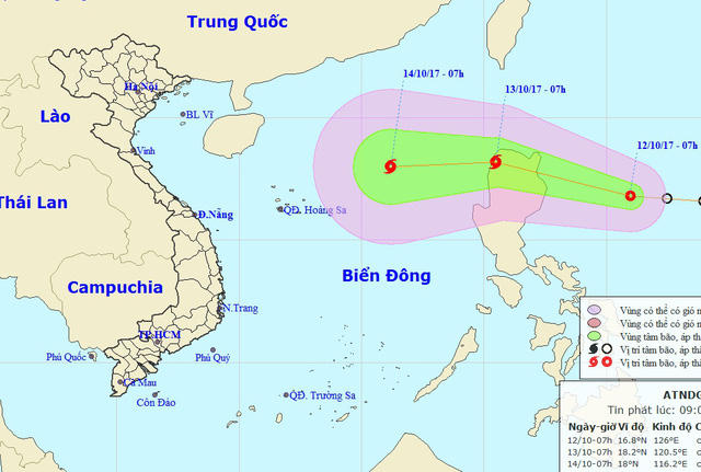 Vị tr&iacute; v&agrave; hướng di chuyển của &aacute;p thấp nhiệt đới (Ảnh: NCHMF).