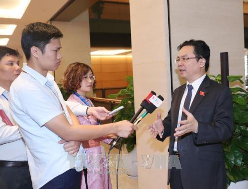 Đại biểu Quốc hội trả lời phỏng vấn các cơ quan báo chí trong giờ nghỉ giải lao. Ảnh: Trọng Đức - TTXVN