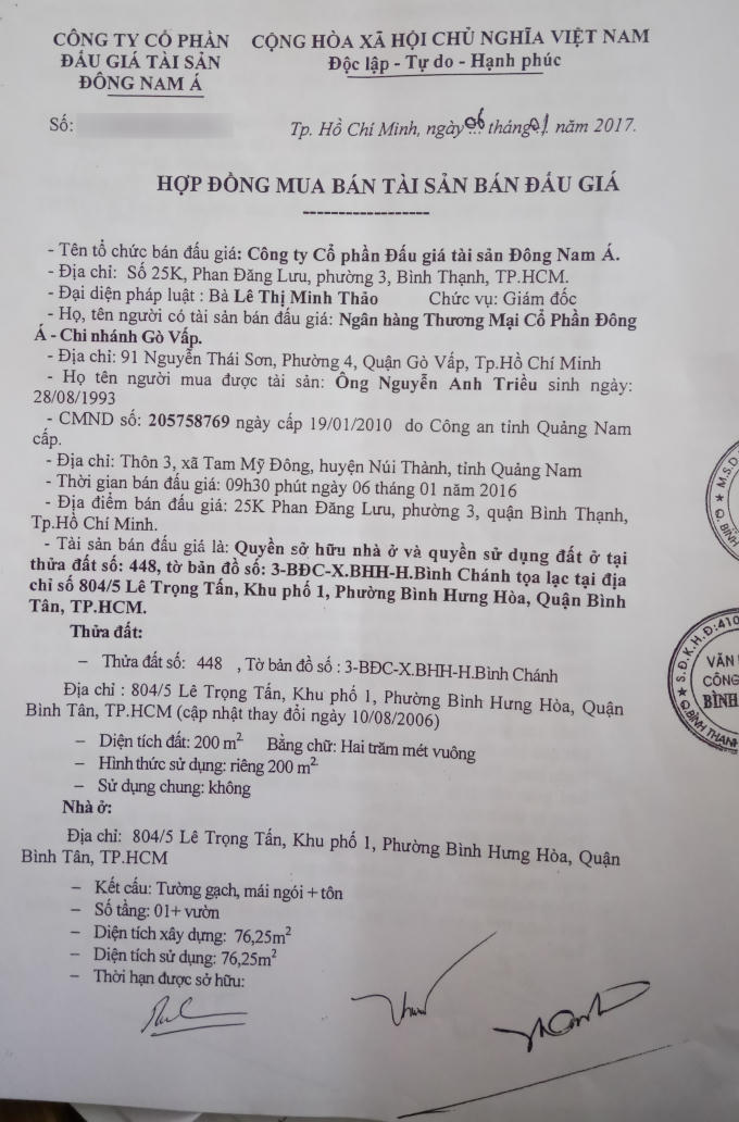“Hợp đồng mua bán tài sản bán đấu giá” đẩy ông Tân vào nguy cơ mất tài sản một cách vô lý.