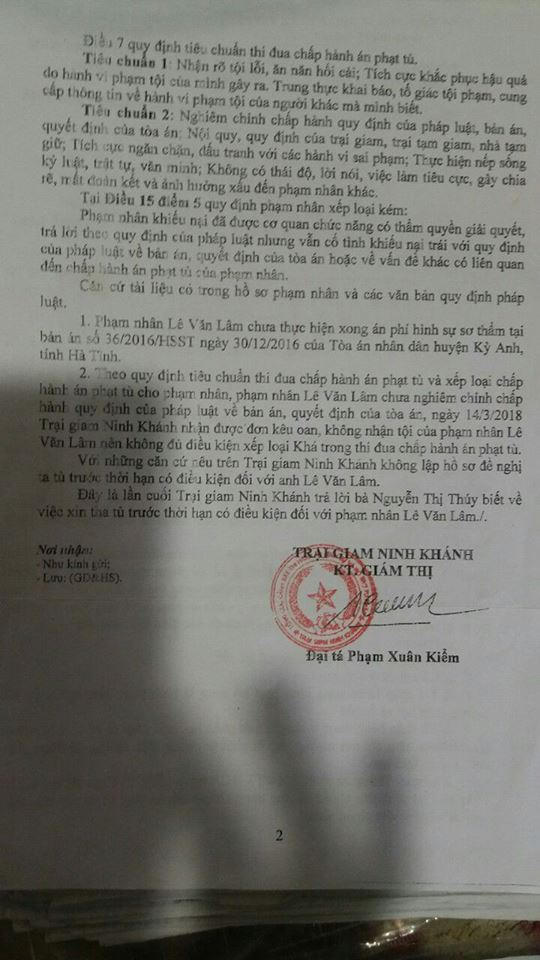 Cán bộ trại giam Ninh Khánh nói, anh Bùi Văn Lâm chưa nộp áp phí sơ thẩm. (Hồ sơ do chị Thúy cung cấp).