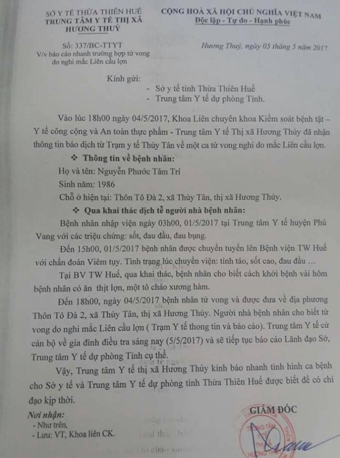 Báo cáo nhanh của Trung tâm Y tế thị xã Hương Thủy. (Ảnh: TQK)