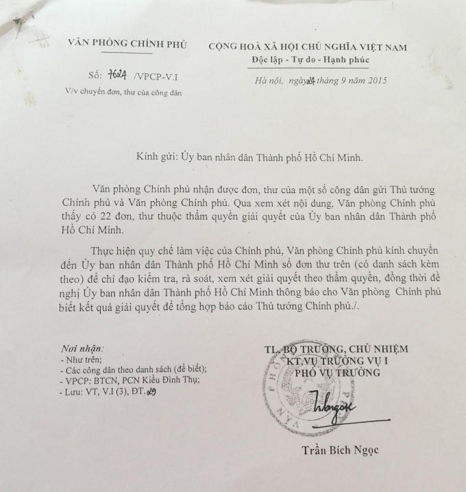 Văn bản 7624 VPCP/V.I ngày 24/09/2015 chuyển đề nghị của các hộ dân tới UBND TP Hồ Chí Minh giải quyết.