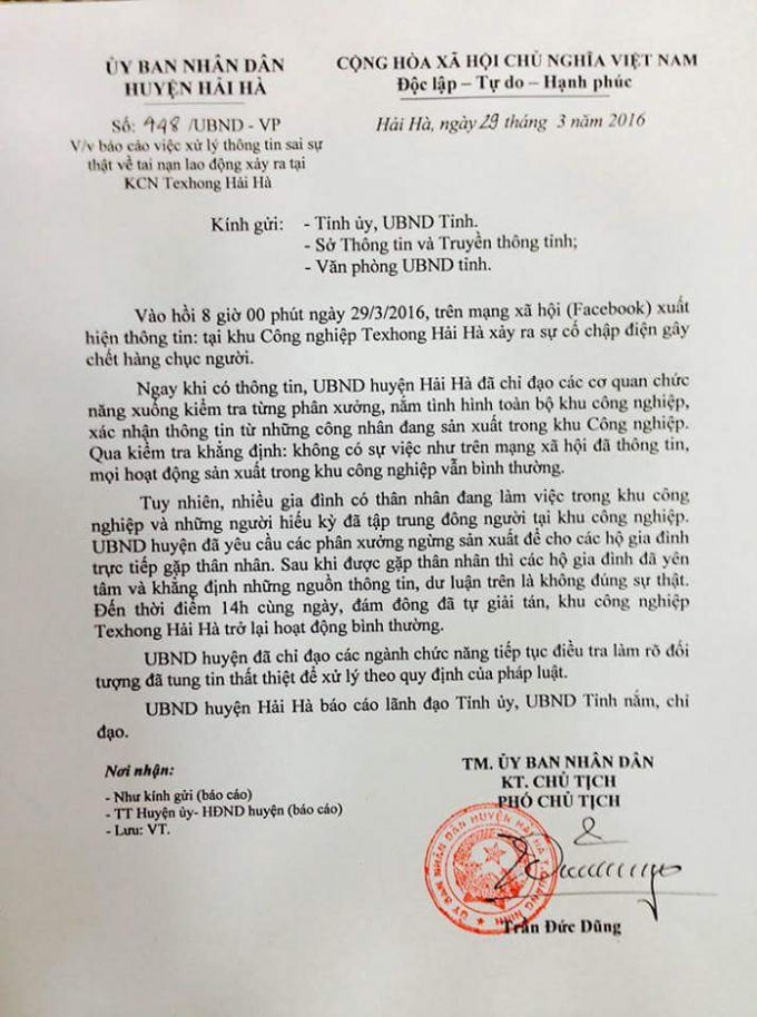 Văn bản thông báo chính thức về vụ việc của UBND huyện Hải Hà.