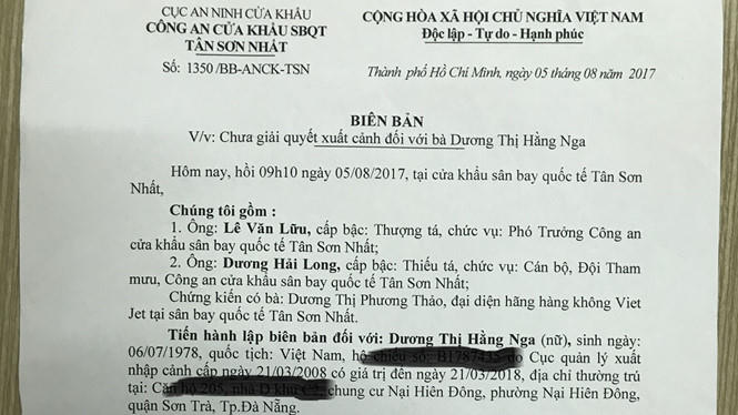 Ngày 5.8, nhà báo Dương Hằng Nga bị ngăn xuất cảnh tại sân bay Tân Sơn Nhất.