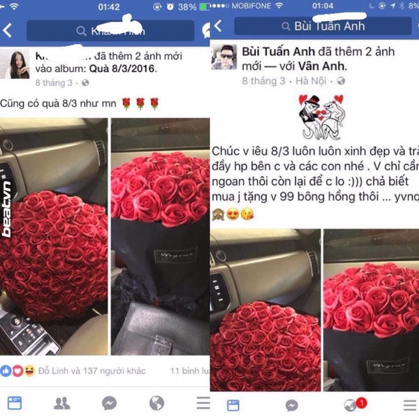 Thậm chí lấy ảnh chụp hoa anh B.T.A tặng vợ về Facebook cá nhân và khoe là của mình.  Ảnh: Beat.vn