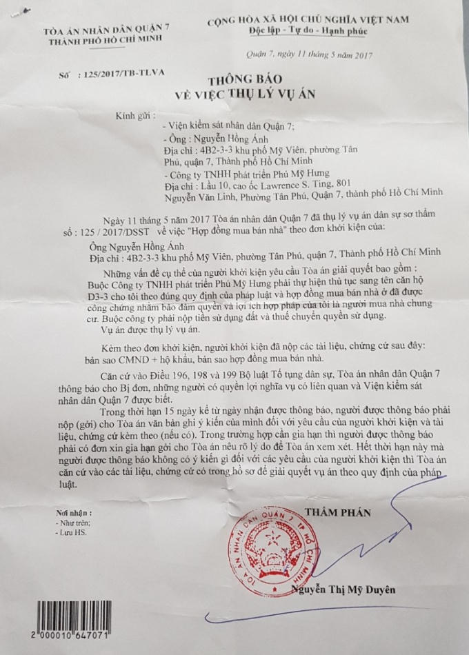 Ngoài ông Huy, TAND quận 7 cũng đã ra Thông báo thụ lý vụ kiện của ông Nguyễn Hồng Ánh đòi Phú Mỹ Hưng phải nộp tiền sử dụng đất.
