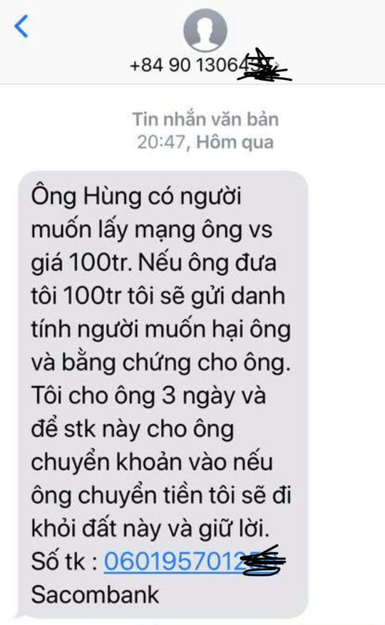 Nội dung tin nhắn đe dọa ông Hùng. Ảnh ông Hùng cung cấp