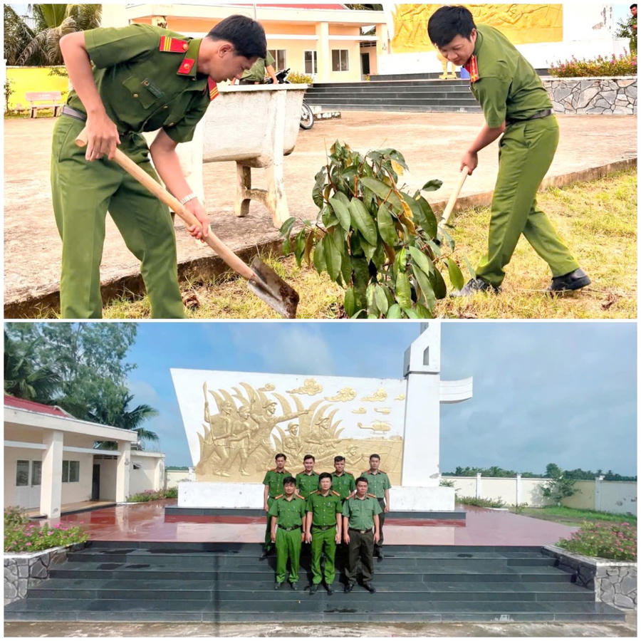 Đoàn viên, thanh niên Công an xã Vĩnh Mỹ thực hiện công trình tri ân tại Khu di tích Đôn Bơ – Cựa Gà nhân kỷ niệm 78 năm Ngày Thương binh – Liệt sĩ (Ảnh: Công an xã Vĩnh Mỹ).