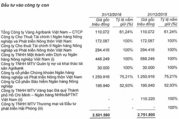 Nguồn: BCTC ri&ecirc;ng kiểm to&aacute;n 2016 của Agribank.
