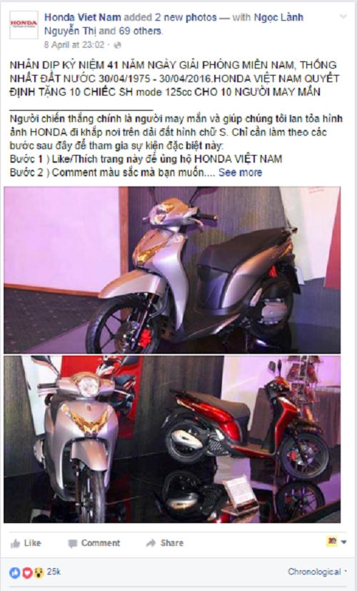 Fanpage "giả mạo" Honda Việt Nam tặng xe máy SH mừng 41 năm Giải phóng miền Nam.