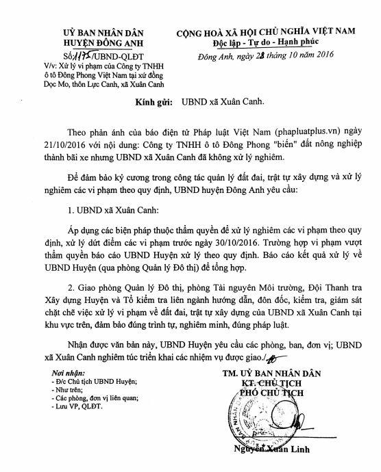 UBND huyện Đông Anh (Hà Nội) đã yêu cầu các phòng, đơn vị chức năng thuộc Huyện và xã Xuân Canh xử lý nghiêm vi phạm tại bãi xe trái phép tại xã Xuân Canh.
