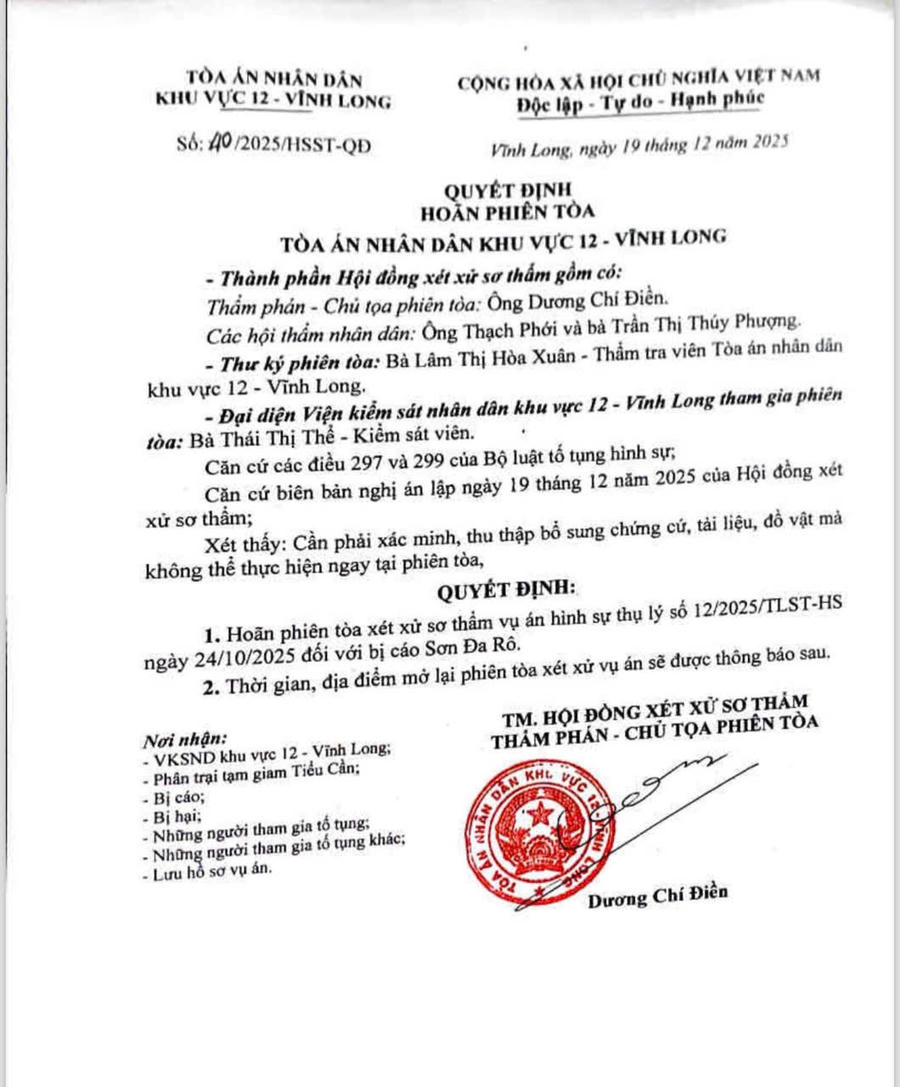 Quyết định hoãn phiên tòa của TAND Khu vực 12.