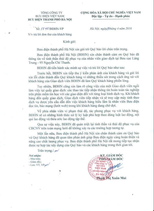 Công văn phản hồi từ phía Bưu điện Hà Nội.