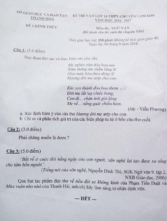 Đề thi Văn của trường chuyên Lam Sơn.