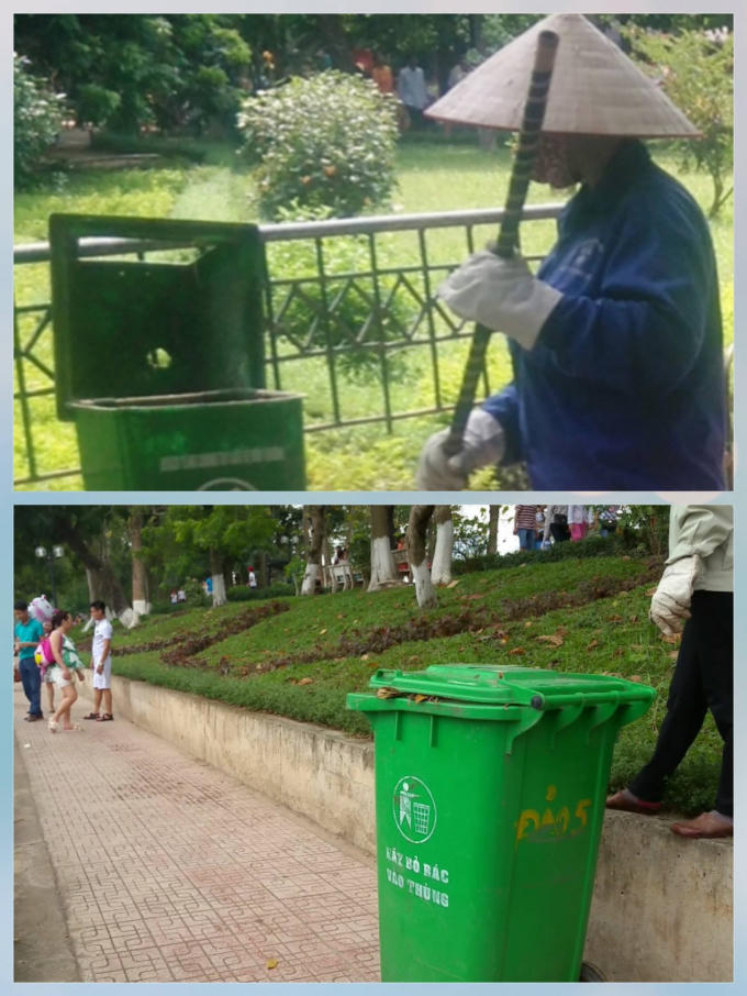 Nhân viên vệ sinh liên tục quét dọn, gom rác cho vào thùng nhưng cũng không xuể vì lượng rác quá lớn.
