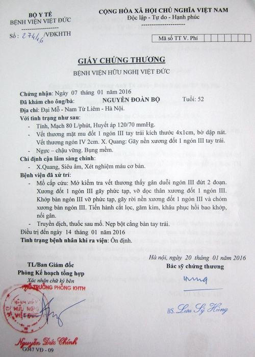 Giấy chứng thương của Bệnh viện Việt Đức - nơi ông Nguyễn Đoàn Bộ điều trị.