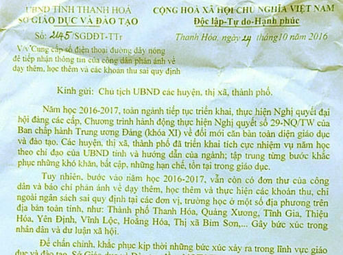 Công văn số 2145/SGDĐT-TTr của Sở GD-ĐT đề nghị các huyện thị thiết lập đường dây nóng tiếp nhận phản ánh lạm thu.
