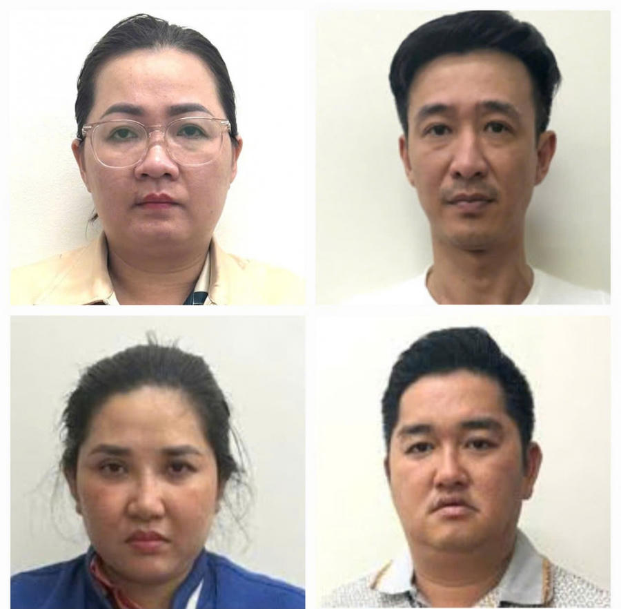 Nhóm đối tượng trong đường dây lừa đảo "chạy án" do Nguyễn Thụy Saly ( bên trái ảnh trên ) cầm đầu