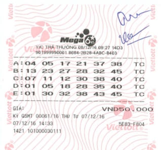 Chiếc vé trúng thưởng Jackpot sản phẩm Mega 6/45 kỳ quay số mở thướng số 61.