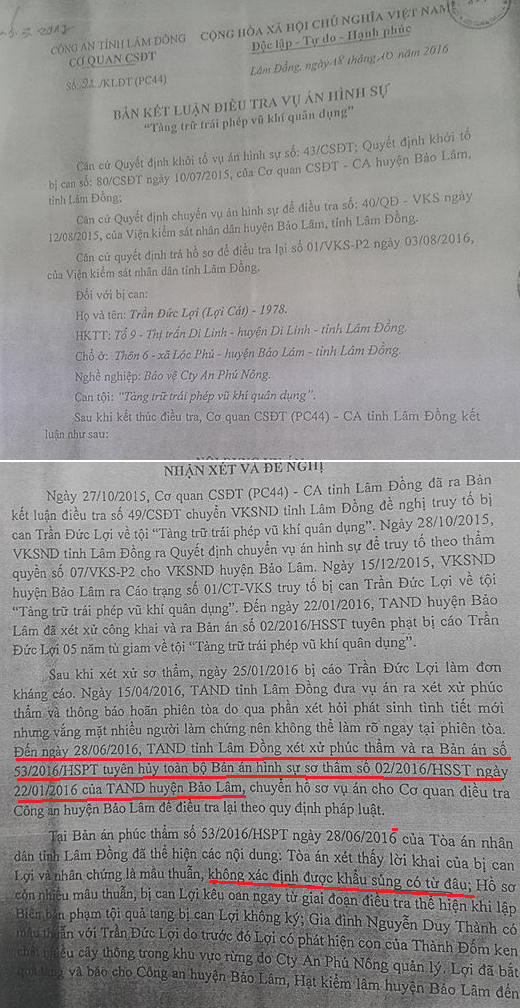 Bản kết luận điều vụ án của Công an tỉnh Lâm Đồng.