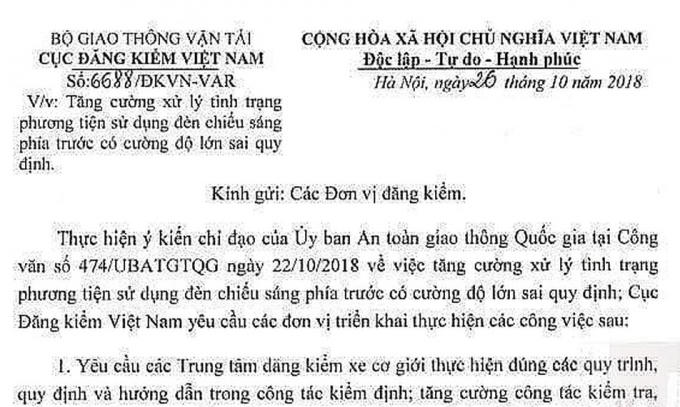 Văn bản số: 6688/ĐKVN-VAR gửi các đơn vị đăng kiểm