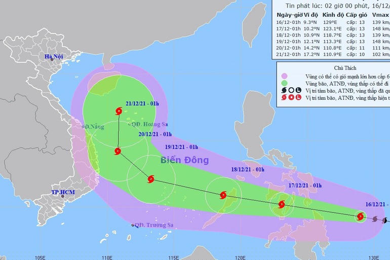 Vị trí và hướng di chuyển của cơn bão Rai. (Ảnh: NCHMF).