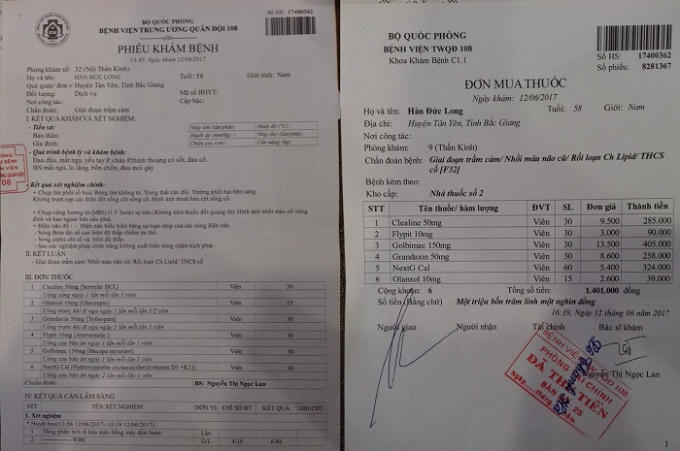 Giấy khám bệnh và đơn thuốc của ông Hàn Đức Long xác định ông đang bị trầm cảm và nhồi máu não cũ.