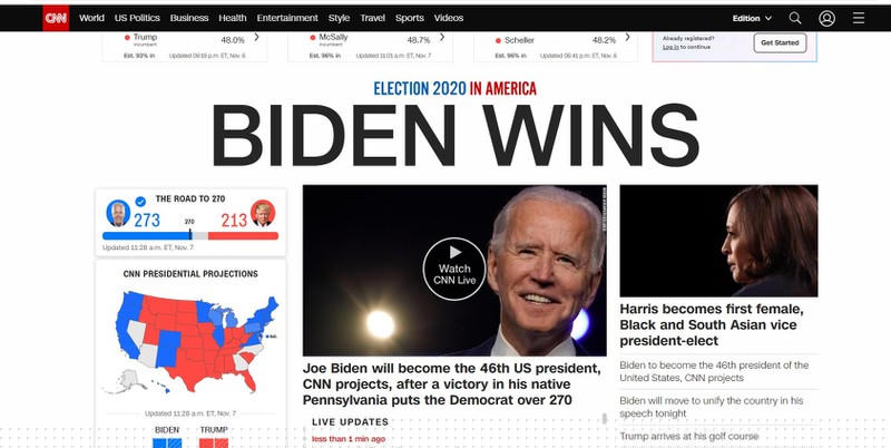 Trang chủ CNN lúc 11.55 giờ ngày 7/11.