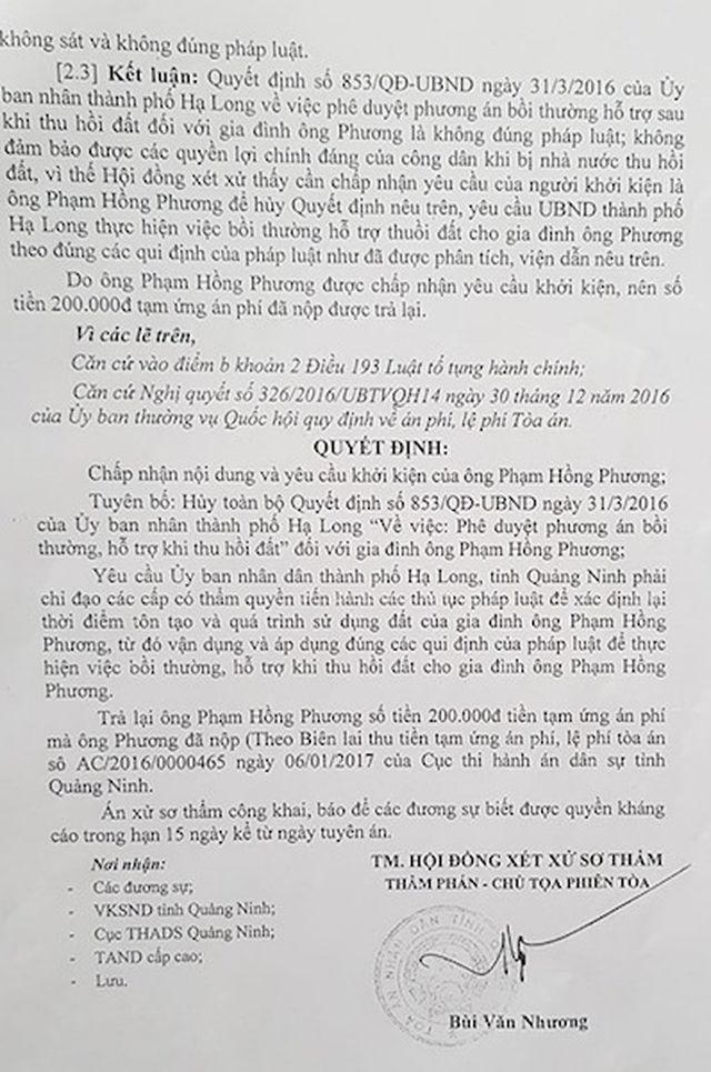 TAND tỉnh Quảng Ninh đã tuyên một bản án công tâm, bảo vệ người dân yếu thế, khẳng định UBND TP Hạ Long ra các quyết định trái pháp luật.