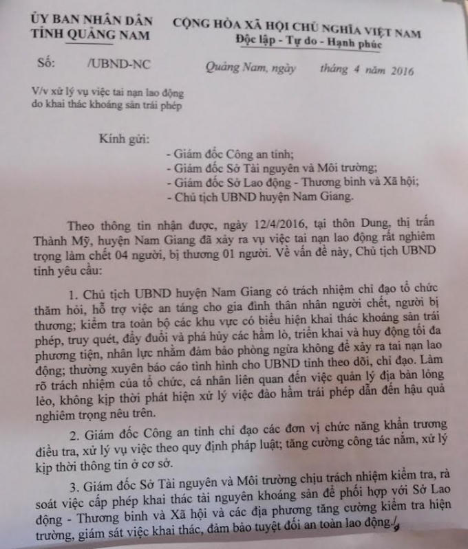 Văn bản chỉ đạo của Chủ tịch tỉnh Quảng Nam.