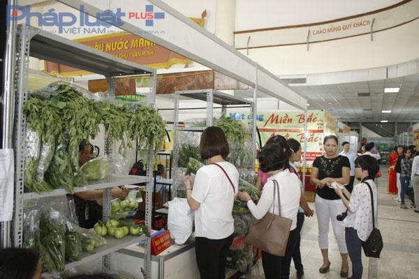 Rất nhiều người dân tấp nập đến những gian hàng mua thực phẩm sạch để về dùng.