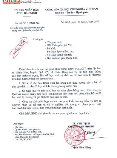 Chủ tịch tỉnh Bắc Ninh vừa chỉ đạo khẩn về việc điều tra, khắc phục hậu quả vụ TNGT đặc biệt nghiêm trọng khi ô tô mất lái đâm tử vong 3 học sinh và làm 2 học sinh khác bị thương.