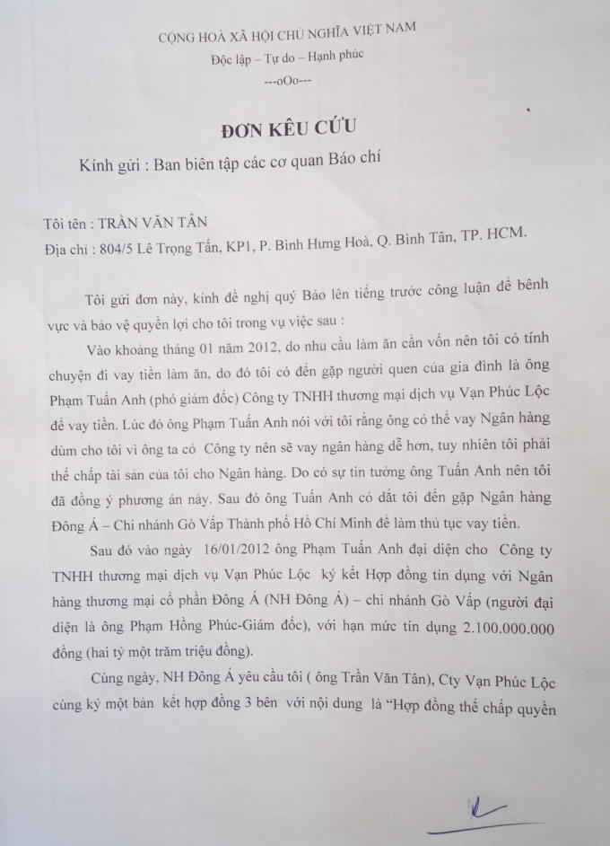 Đơn kêu cứu của ông Tân.