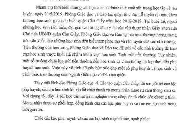 Lời xin lỗi của ngành Giáo dục quận Cầu Giấy