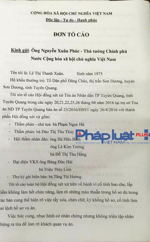 Lê Thị Thanh Xuân viết đơn tố cáo Hội đồng xét xử, gửi Thủ tướng.