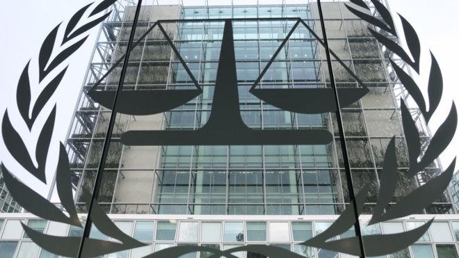 Biểu tượng của Tòa án Hình sự Quốc tế (ICC). (Ảnh: AP)