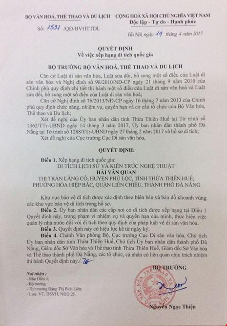 Quyết định đưa Hải Vân Quan lên thành Di tích cấp Quốc gia.