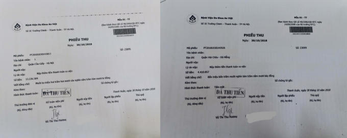 Phiếu thu nộp tiền thanh toán ra viện của các bệnh nhân ở bệnh viện An Việt