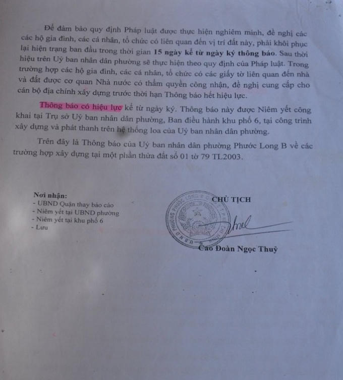 Thông báo của UBND Phường Phước Long B về việc các hộ dân chiếm dụng đất trái phép.