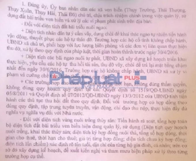 Kết luận của Chủ tịch UBND huyện Thái Thụy (tỉnh Thái Bình) tại cuộc họp báo cáo tình hình công tác quản lý, sử dụng bãi triều ven biển ngày 28/4.