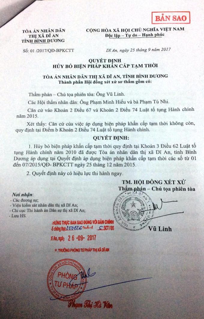 Quyết định hủy bỏ biện pháp khẩn cấp tạm thời của TAND TX Dĩ An..