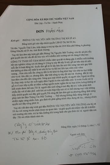 Đơn phản ánh của ông Lâm về việc công ty TNHH gỗ Tám Hoàn gây ô nhiễm môi trường.
