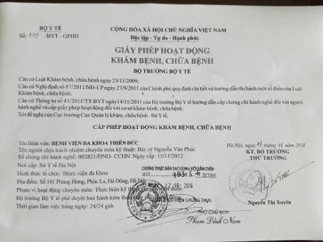 Giấy phép hoạt động của bệnh viện đa khoa Thiên Đức.